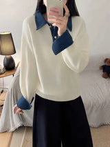 Women's Denim Collar Sweater Button Placket Long Sleeve Ribbed Hem – Campus Errands