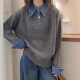 Women's Denim Collar Sweater Button Placket Long Sleeve Ribbed Hem – Campus Errands