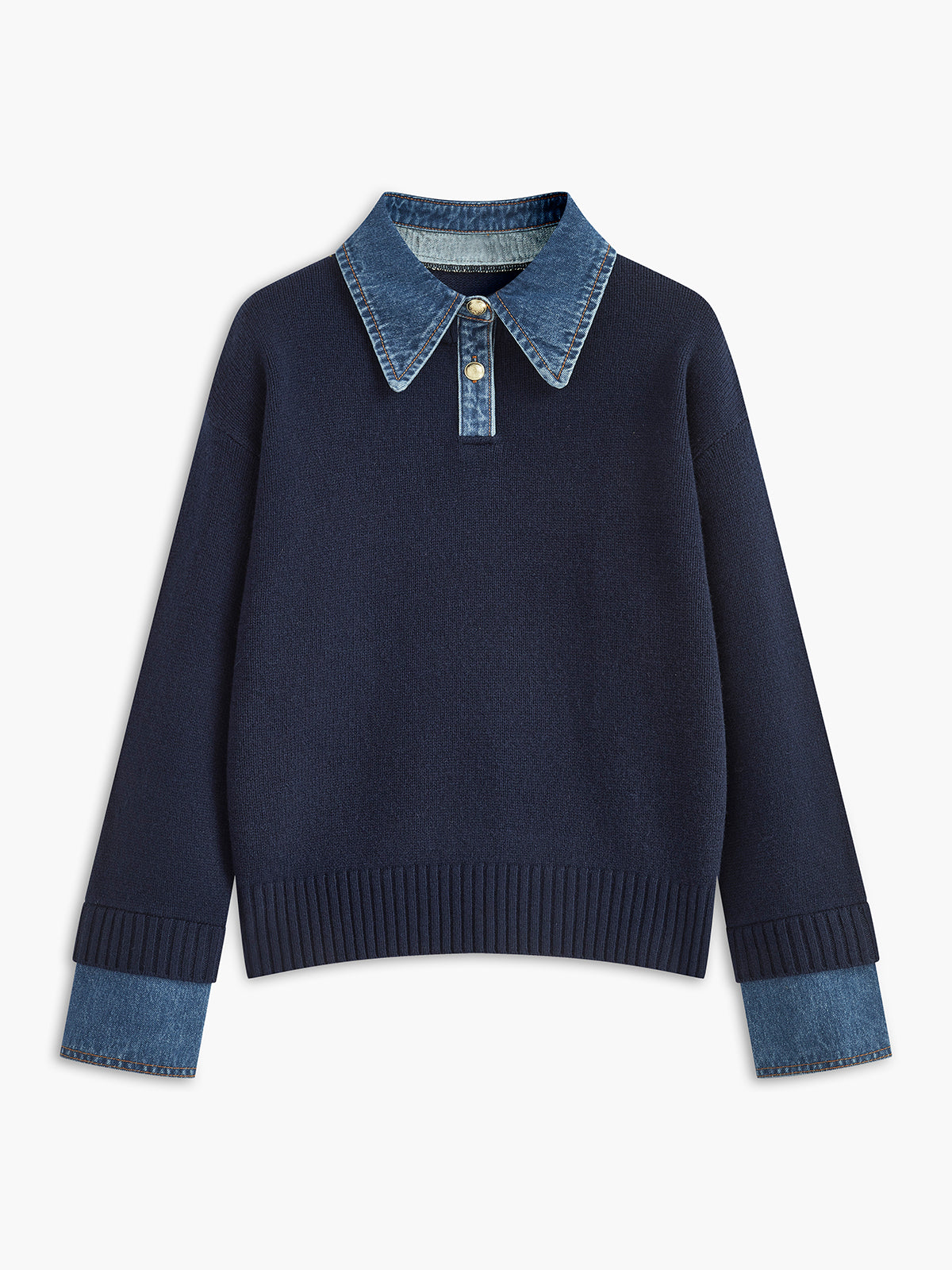Women's Denim Collar Sweater Button Placket Long Sleeve Ribbed Hem – Campus Errands