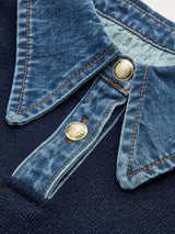 Women's Denim Collar Sweater Button Placket Long Sleeve Ribbed Hem – Campus Errands