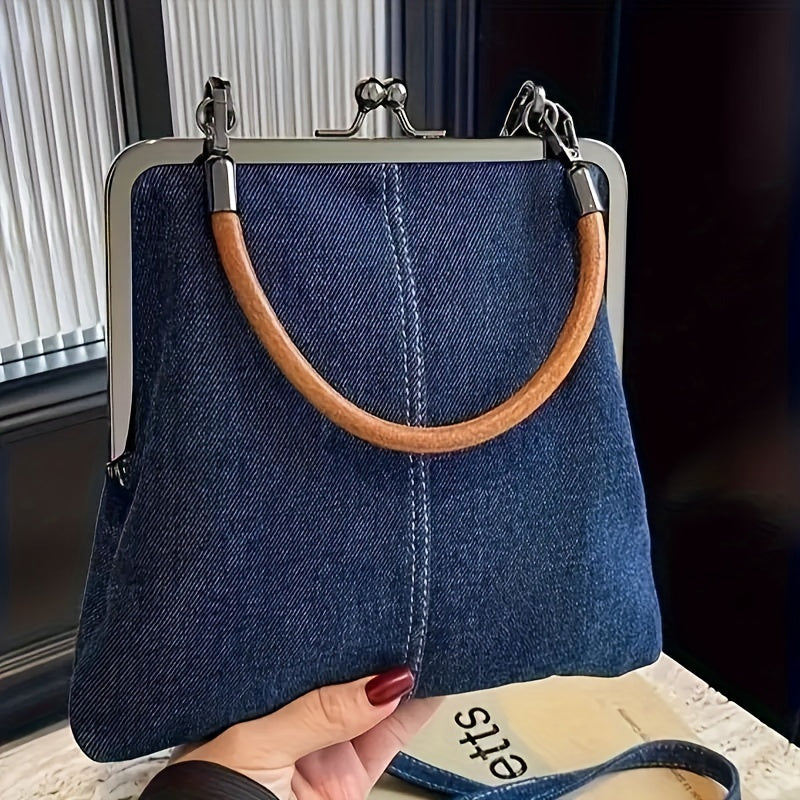 Women's Denim Crossbody Bag Metal Frame Top Handle – Daily Use