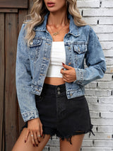 Women's Denim Jacket Cropped Button Front Long Sleeve - Casual