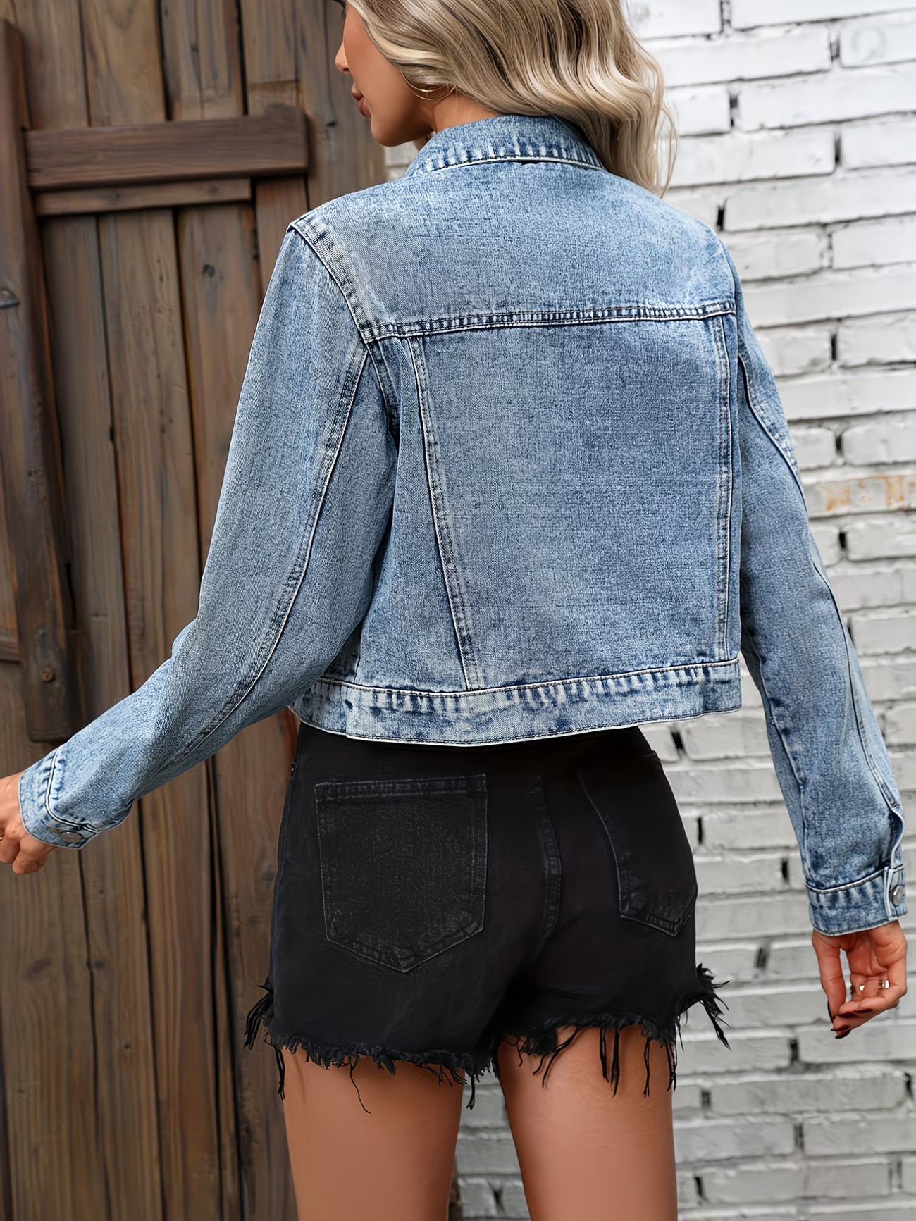 Women's Denim Jacket Cropped Button Front Long Sleeve - Casual