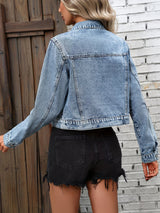 Women's Denim Jacket Cropped Button Front Long Sleeve - Casual