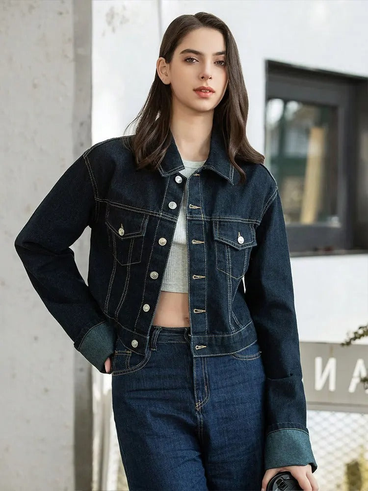 Women's Denim Jacket Cropped Button Front Long Sleeve – Night Party