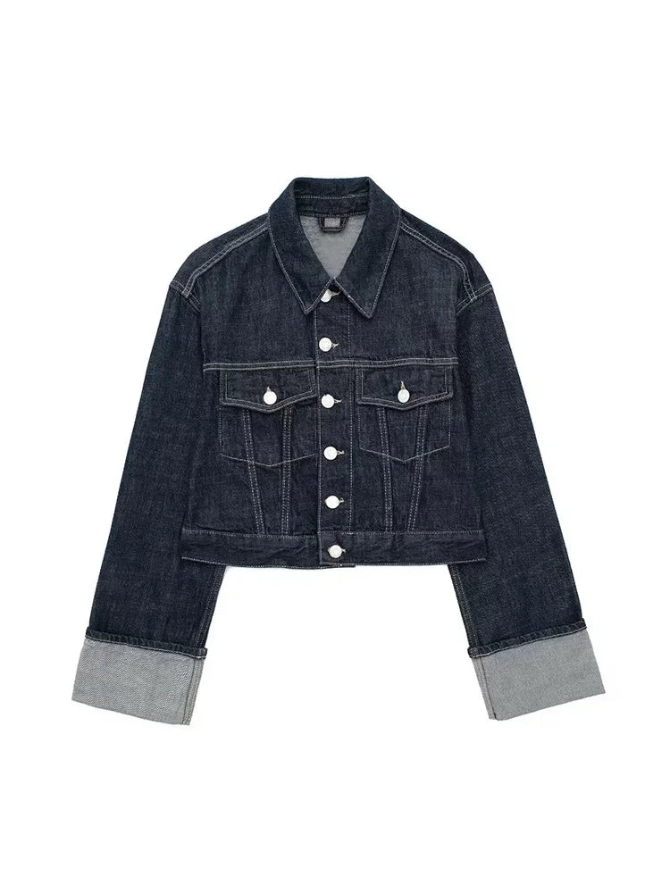 Women's Denim Jacket Cropped Button Front Long Sleeve – Night Party