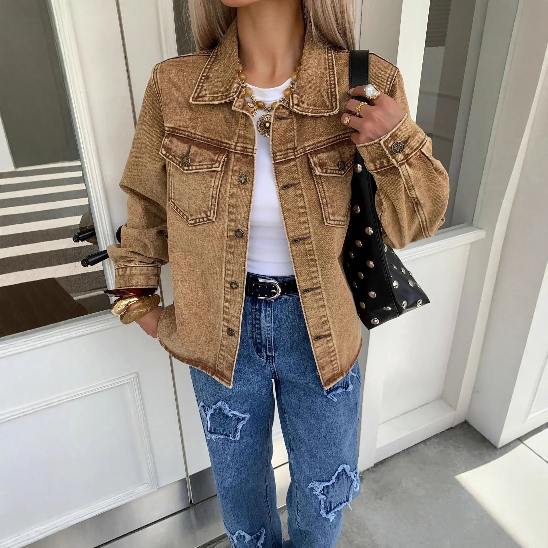 Women's Denim Jacket Single Breasted Button Front Long Sleeve - Casual