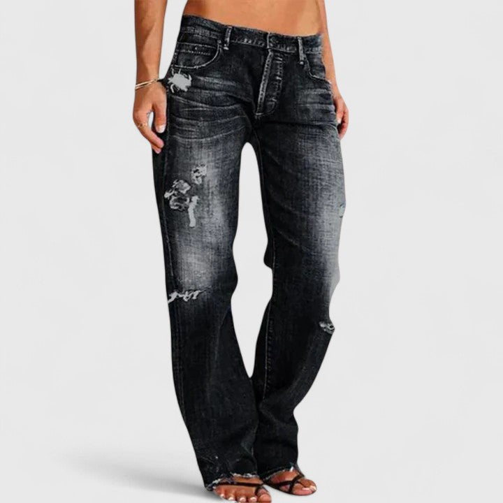 Women's Denim Jeans Distressed Mid Rise Straight Leg – Weekend Outing