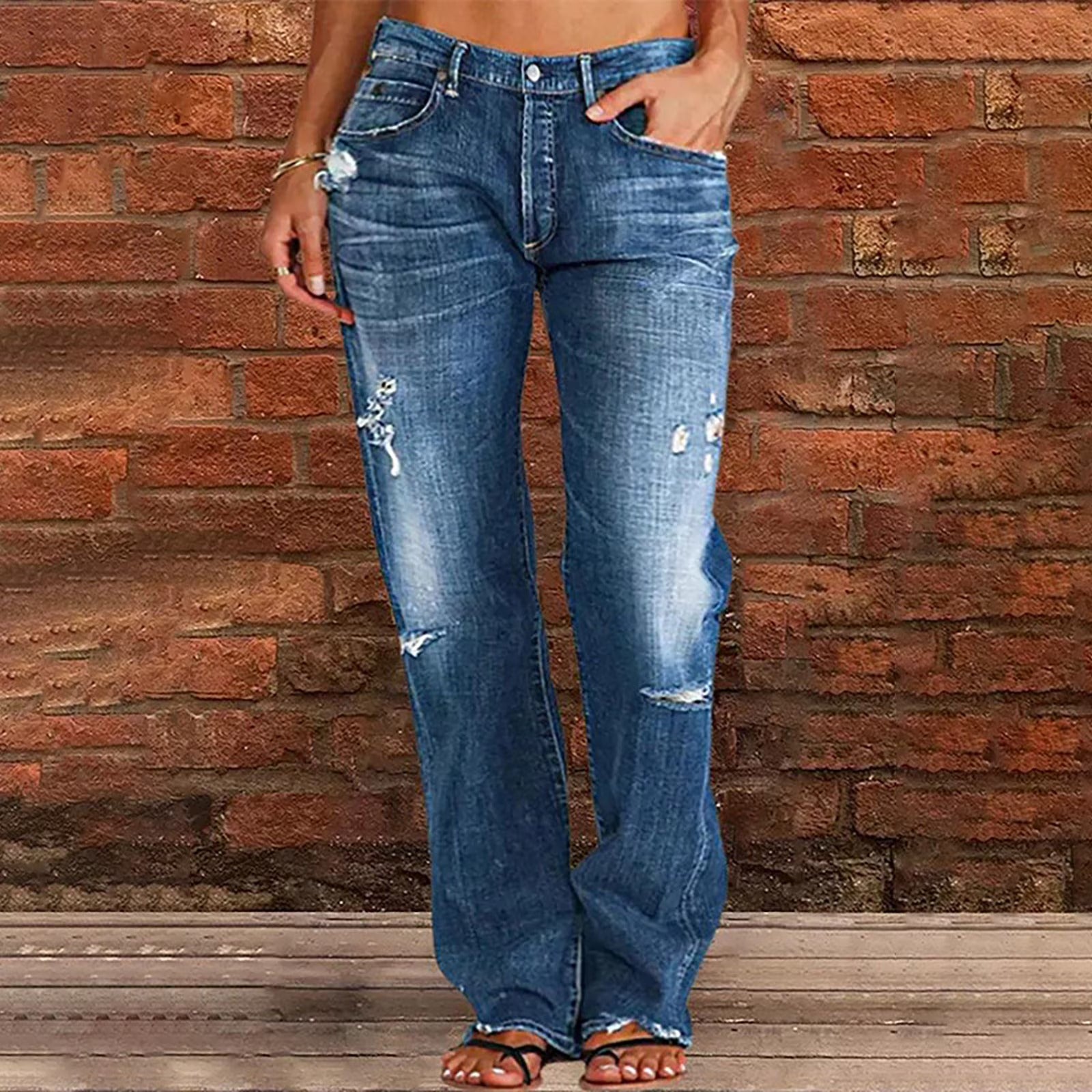 Women's Denim Jeans Distressed Mid Rise Straight Leg – Weekend Outing
