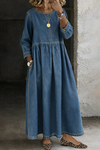 Women's Denim Maxi Dress Round Neck Long Sleeve Side Pockets – Weekend Outing
