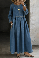 Women's Denim Maxi Dress Round Neck Long Sleeve Side Pockets – Weekend Outing