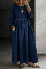 Women's Denim Maxi Dress Round Neck Long Sleeve Side Pockets – Weekend Outing