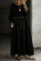 Women's Denim Maxi Dress Round Neck Long Sleeve Side Pockets – Weekend Outing