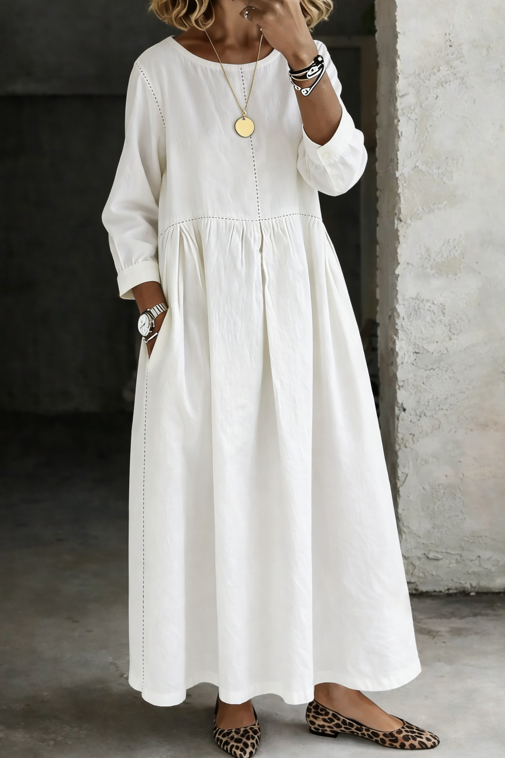 Women's Denim Maxi Dress Round Neck Long Sleeve Side Pockets – Weekend Outing