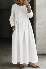Women's Denim Maxi Dress Round Neck Long Sleeve Side Pockets – Weekend Outing