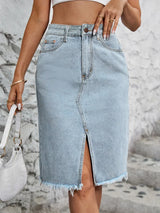 Women's Denim Midi Skirt High Waist Front Slit – Street Style