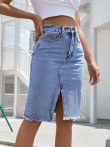 Women's Denim Midi Skirt High Waist Front Slit – Street Style