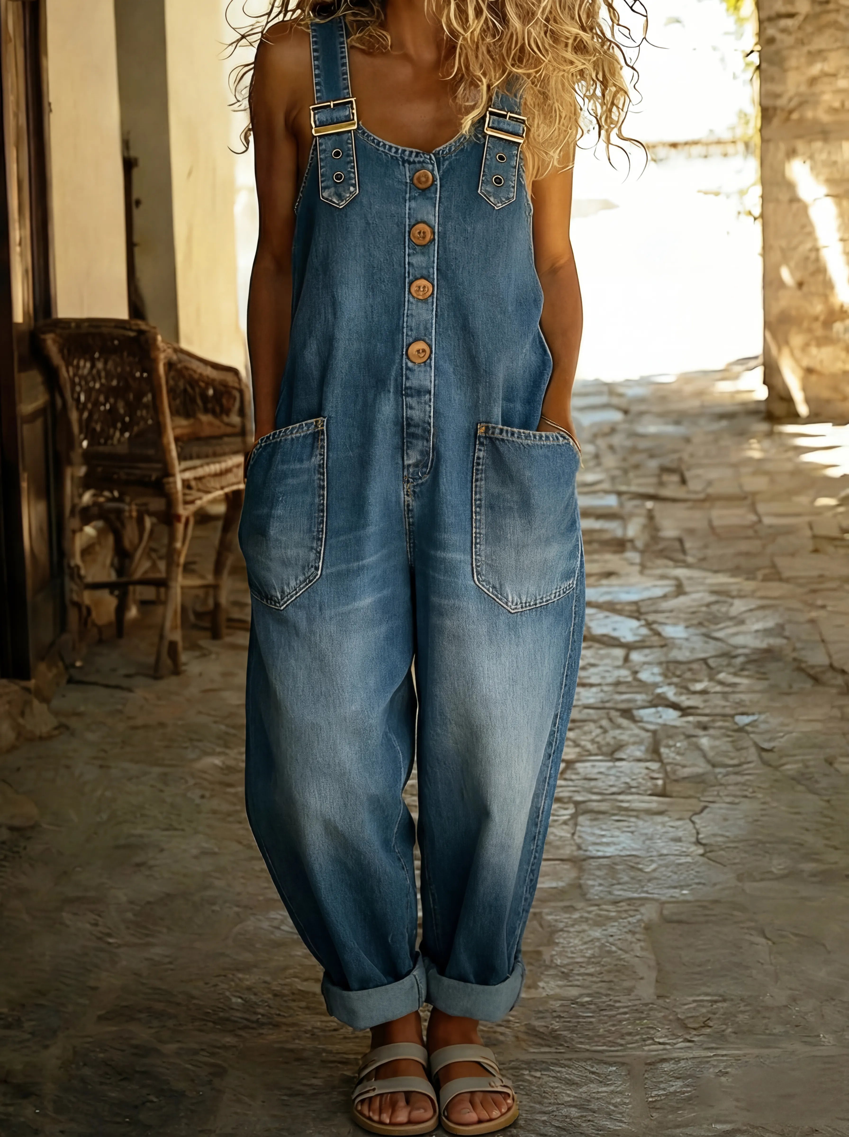 Women's Denim Overall Button Front Buckle Strap Patch Pocket – Weekend Market