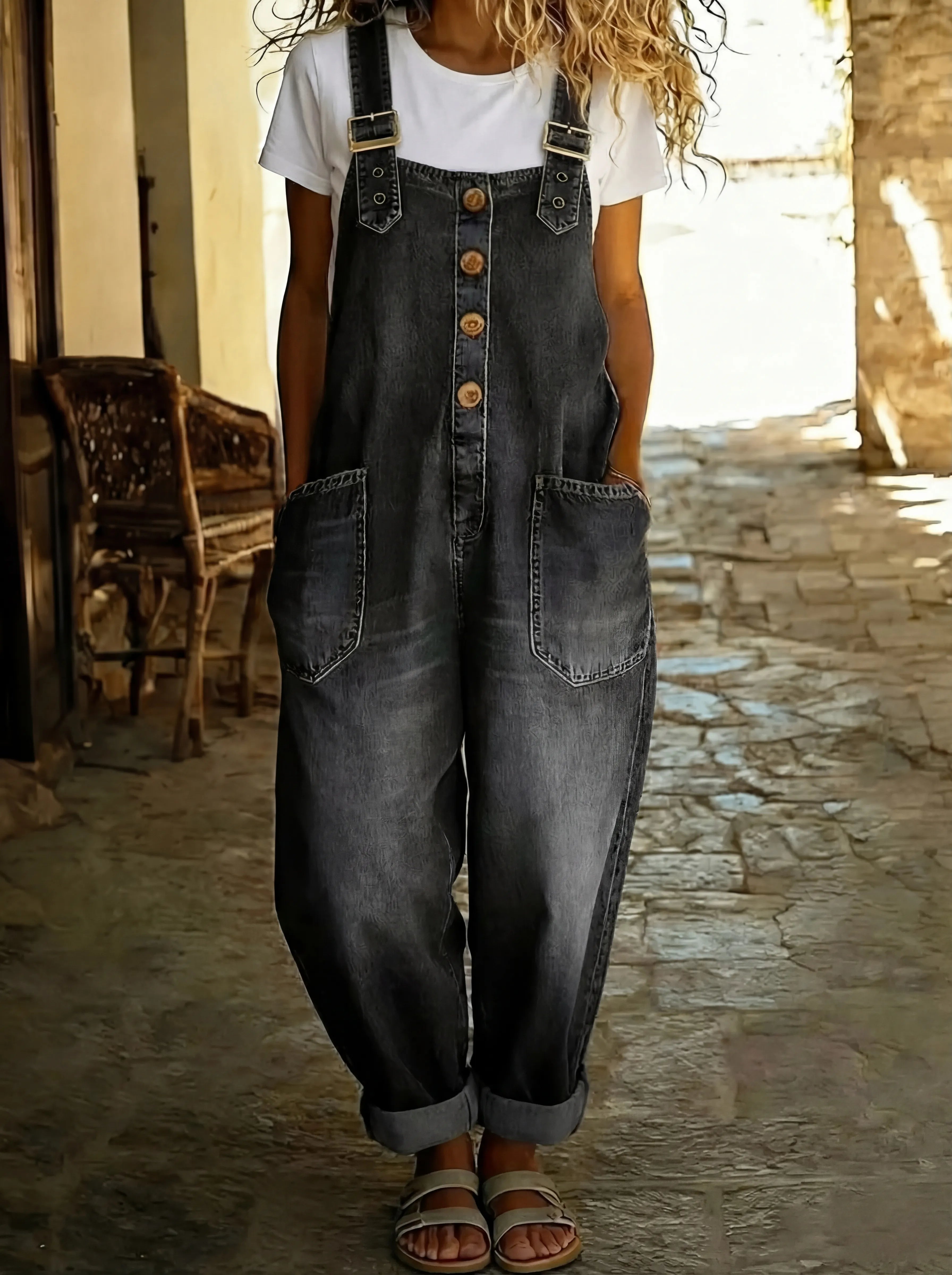 Women's Denim Overall Button Front Buckle Strap Patch Pocket – Weekend Market
