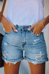 Women's Denim Shorts Distressed Rolled Hem Button Front – Casual Wear