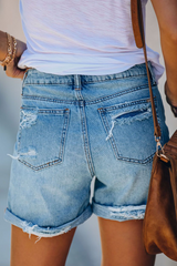 Women's Denim Shorts Distressed Rolled Hem Button Front – Casual Wear