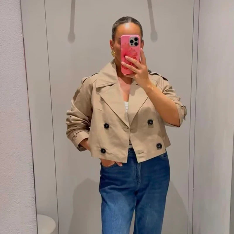 Women's Double Breasted Denim Jacket Cropped– Going Out