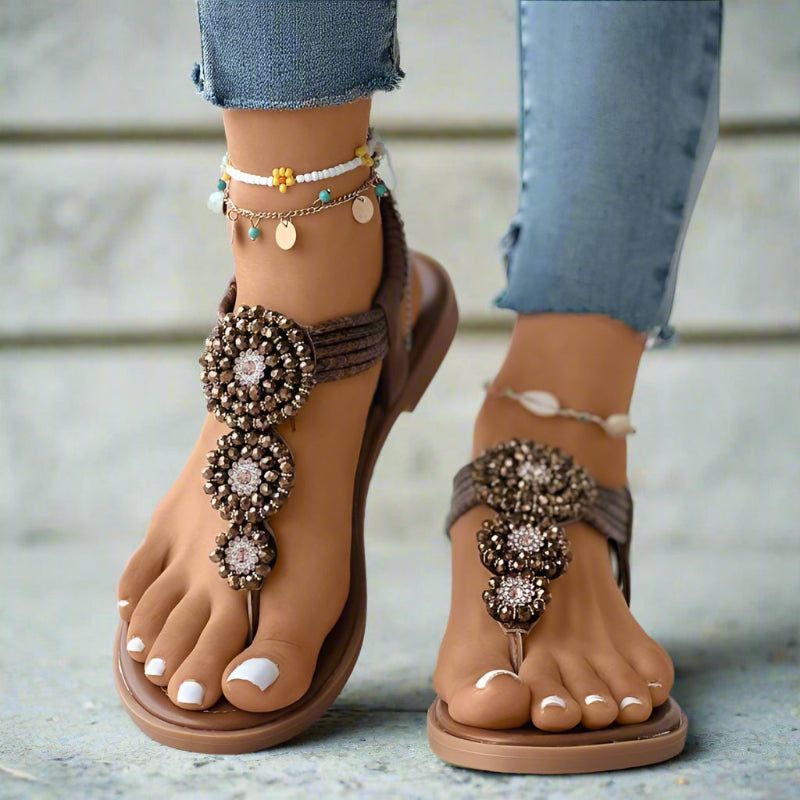 Women's Embellished T-Strap Flat Sandals Open Toe – Wedding Guest Garden Party