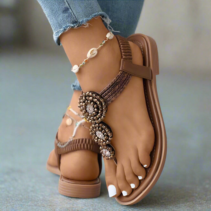 Women's Embellished T-Strap Flat Sandals Open Toe – Wedding Guest Garden Party