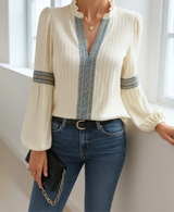 Women's Embroidered Blouse Long Sleeve V Neck – Garden Party