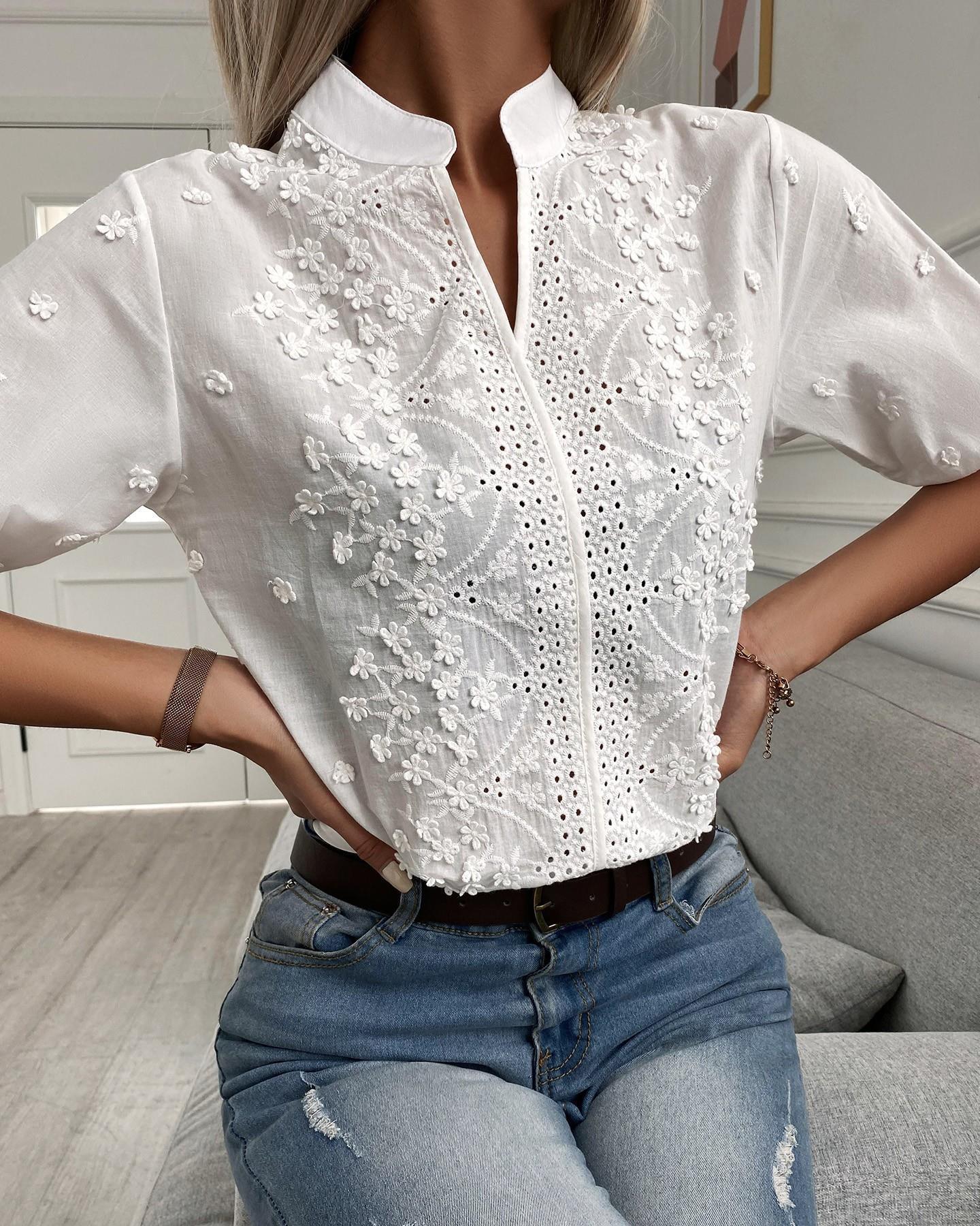 Women's Embroidered Blouse Short Sleeve Round Neck – Garden Party