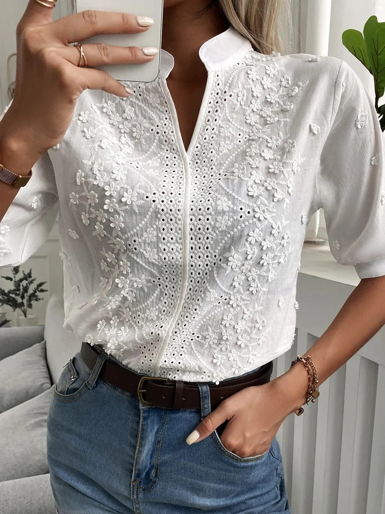 Women's Embroidered Blouse Split Neck Eyelet Short Sleeve – Afternoon Tea