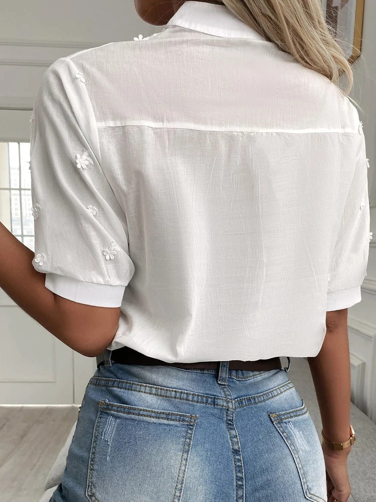 Women's Embroidered Blouse Split Neck Eyelet Short Sleeve – Afternoon Tea