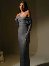 Women’s Evening Maxi Dress Off Shoulder Long Sleeve Sparkle Detail – Formal Soirées