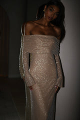 Women’s Evening Maxi Dress Off Shoulder Long Sleeve Sparkle Detail – Formal Soirées