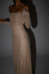 Women’s Evening Maxi Dress Off Shoulder Long Sleeve Sparkle Detail – Formal Soirées