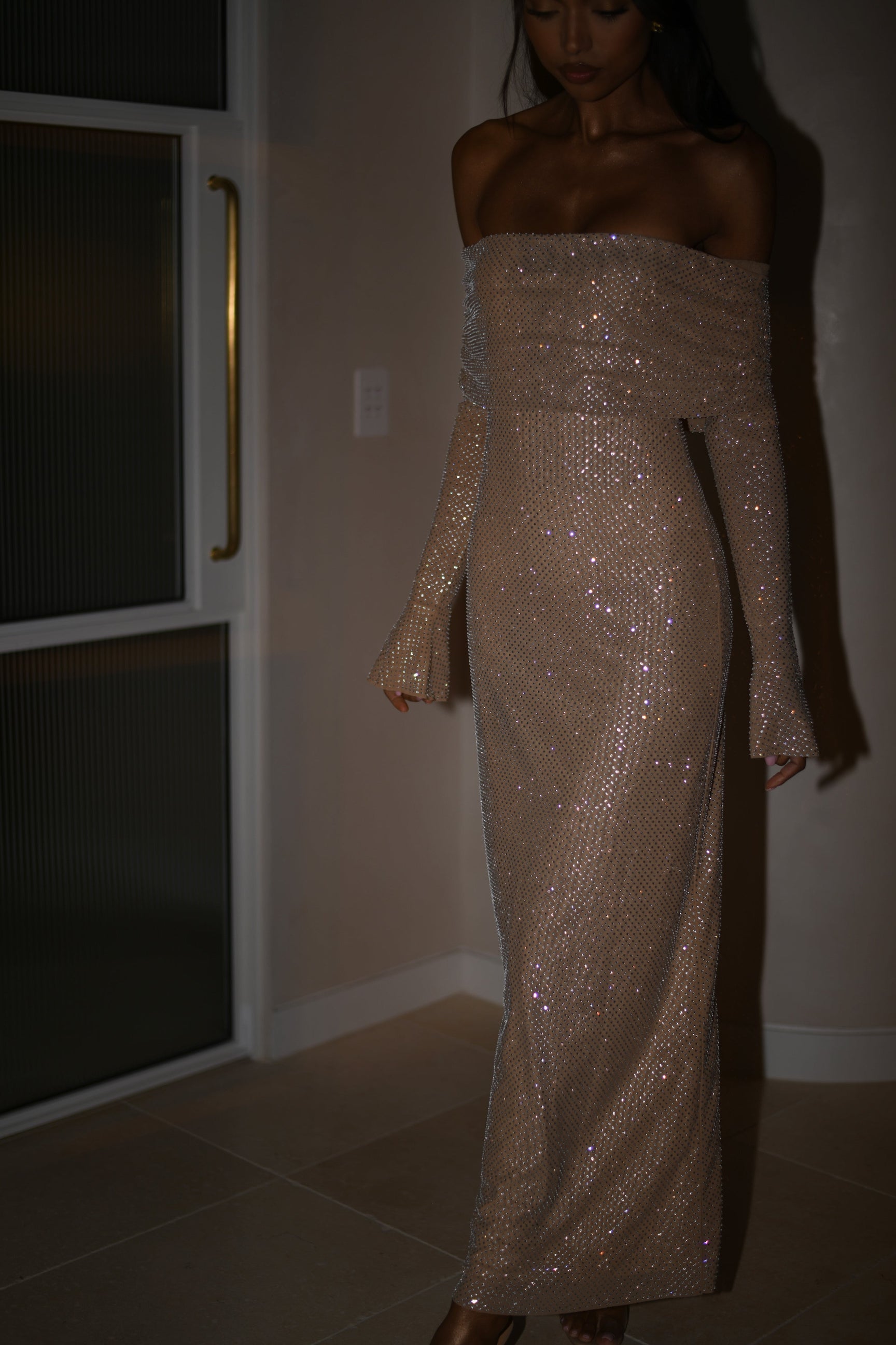 Women’s Evening Maxi Dress Off Shoulder Long Sleeve Sparkle Detail – Formal Soirées