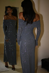 Women’s Evening Maxi Dress Off Shoulder Long Sleeve Sparkle Detail – Formal Soirées