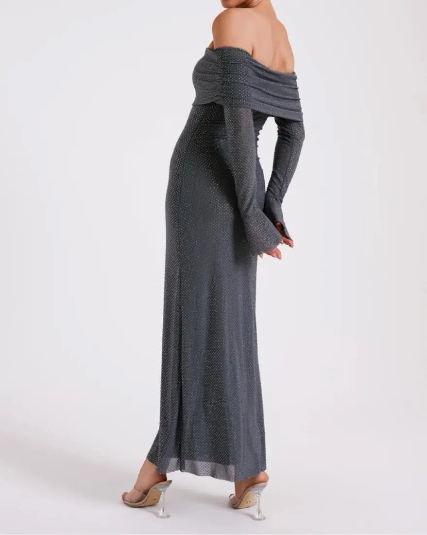 Women’s Evening Maxi Dress Off Shoulder Long Sleeve Sparkle Detail – Formal Soirées