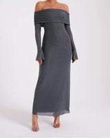 Women’s Evening Maxi Dress Off Shoulder Long Sleeve Sparkle Detail – Formal Soirées
