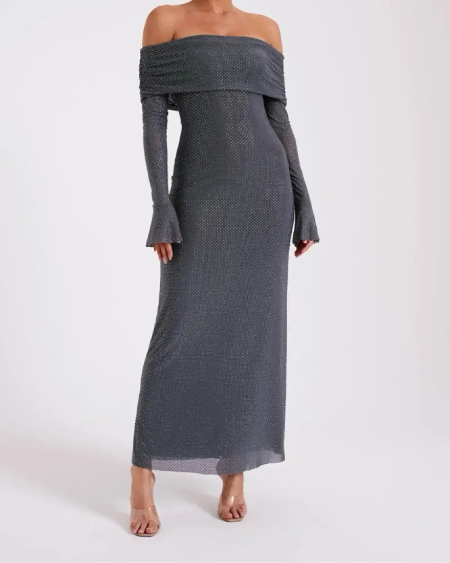 Women’s Evening Maxi Dress Off Shoulder Long Sleeve Sparkle Detail – Formal Soirées