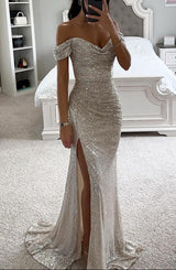 Women’s Evening Maxi Dress Off Shoulder Sequin High Slit – Gala Receptions