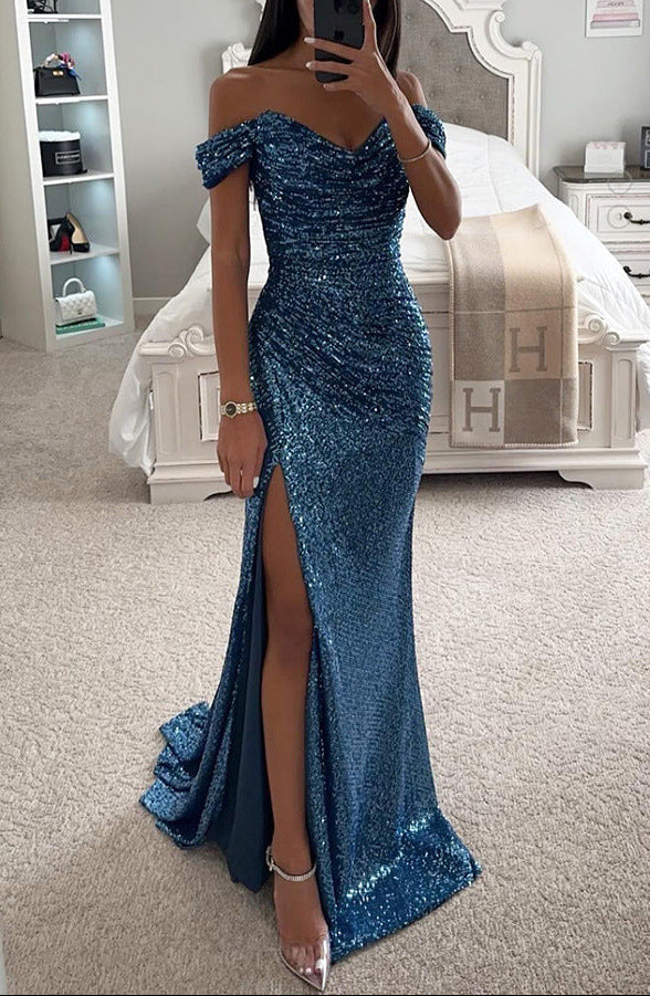 Women’s Evening Maxi Dress Off Shoulder Sequin High Slit – Gala Receptions