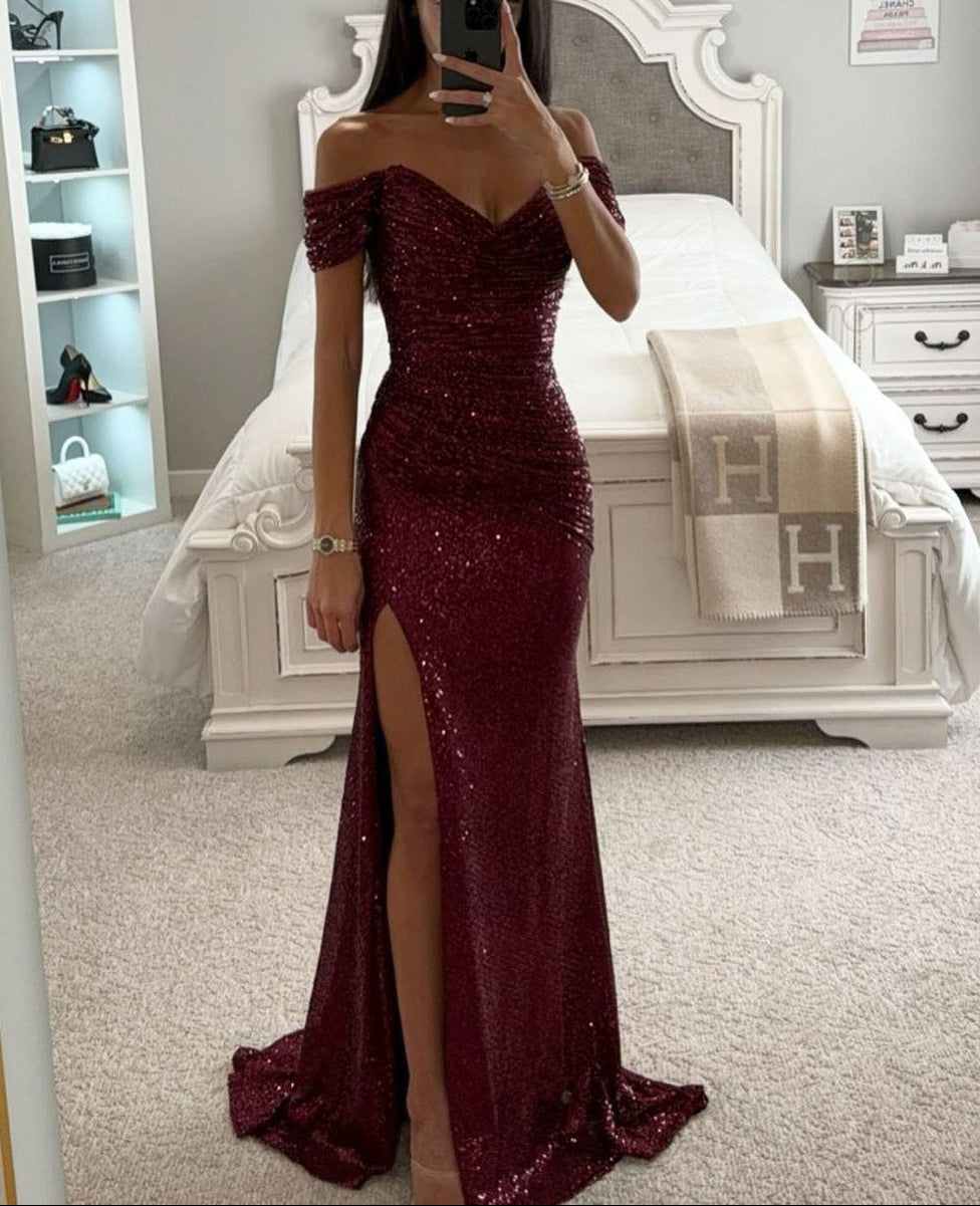 Women’s Evening Maxi Dress Off Shoulder Sequin High Slit – Gala Receptions
