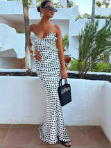 Women's Evening Maxi Dress Polka Dot Open Back V Neck – Night Out