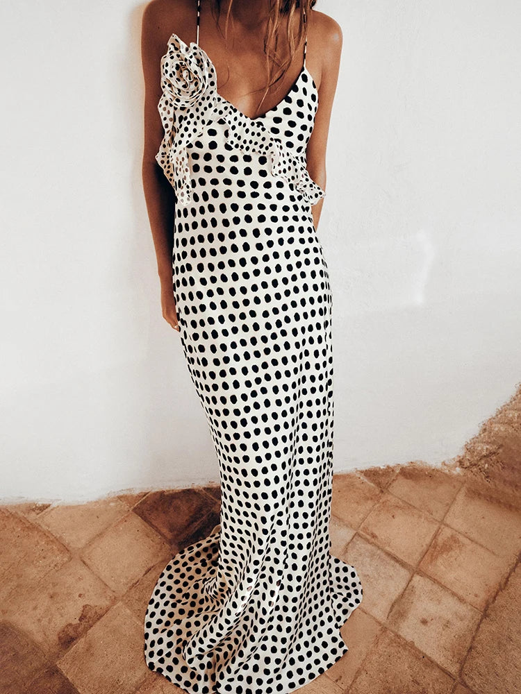 Women's Evening Maxi Dress Polka Dot Open Back V Neck – Night Out