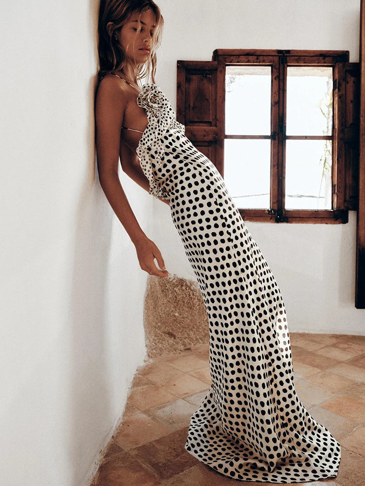 Women's Evening Maxi Dress Polka Dot Open Back V Neck – Night Out
