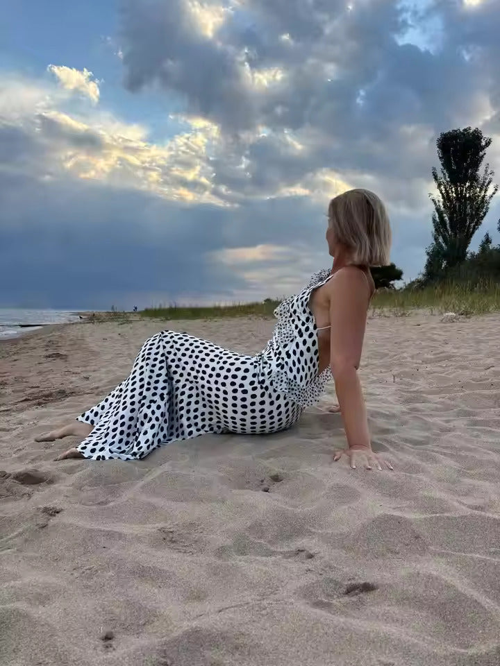 Women's Evening Maxi Dress Polka Dot Open Back V Neck – Night Out