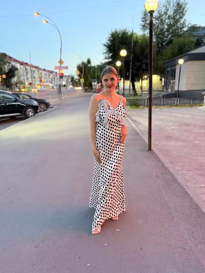 Women's Evening Maxi Dress Polka Dot Open Back V Neck – Night Out