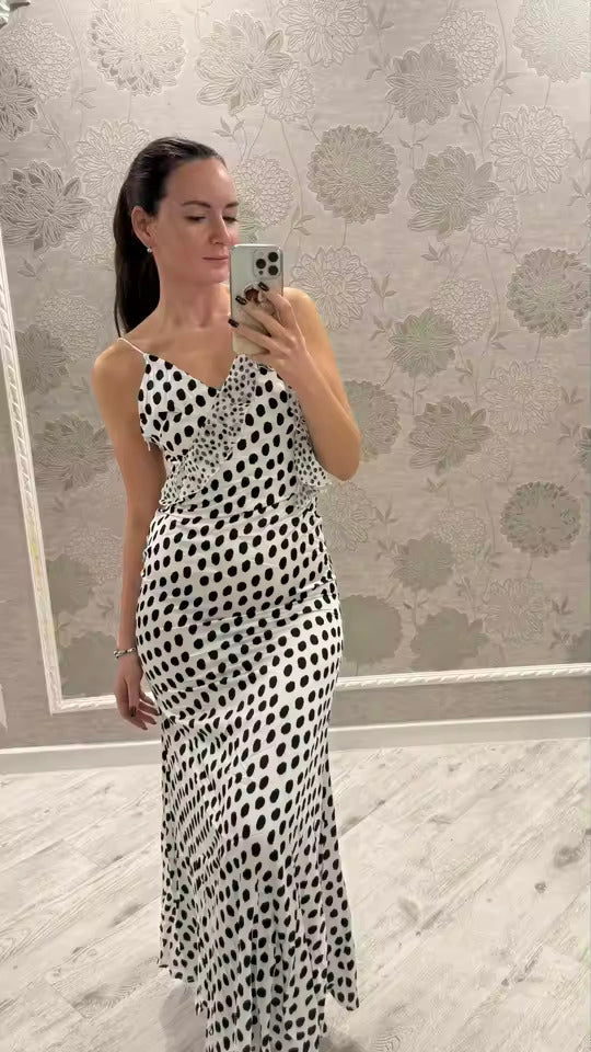 Women's Evening Maxi Dress Polka Dot Open Back V Neck – Night Out