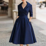 Women's Evening Midi Dress Shawl Collar Elbow Sleeve – Wedding Guest